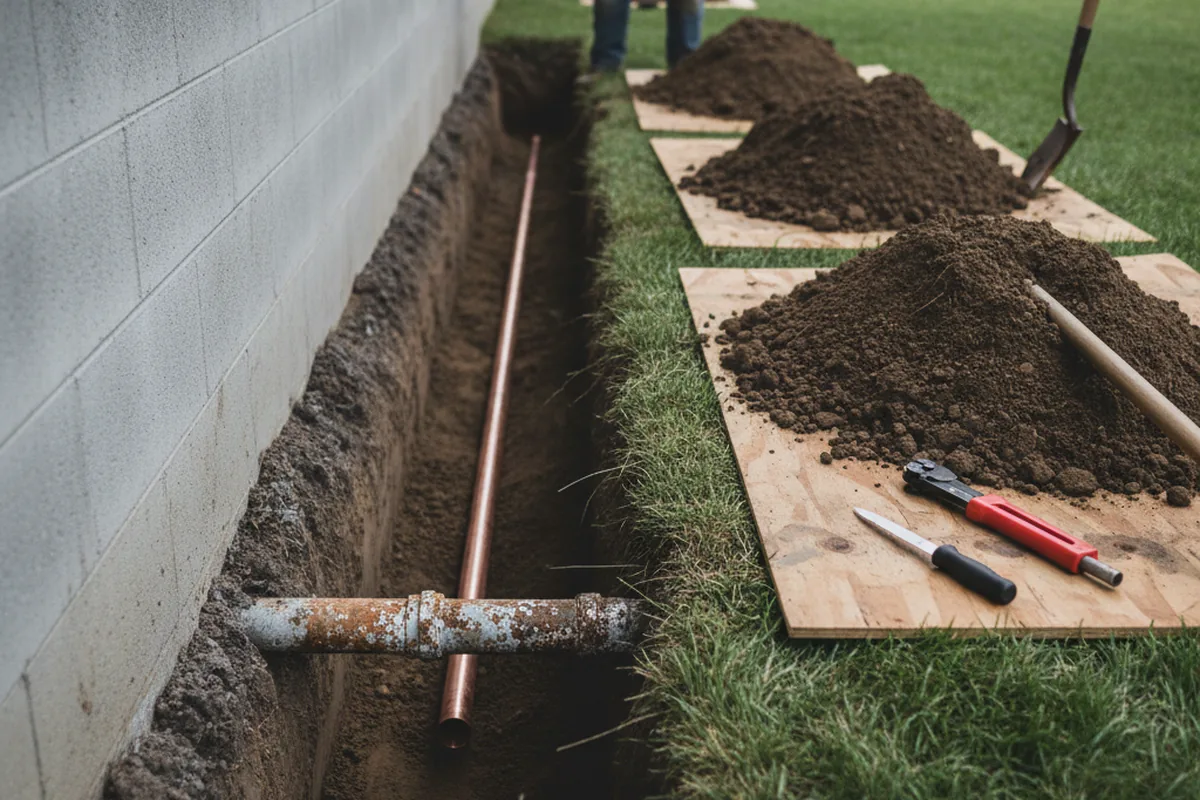 Excavated water line trench during Water Softener Installation in Lowndesville